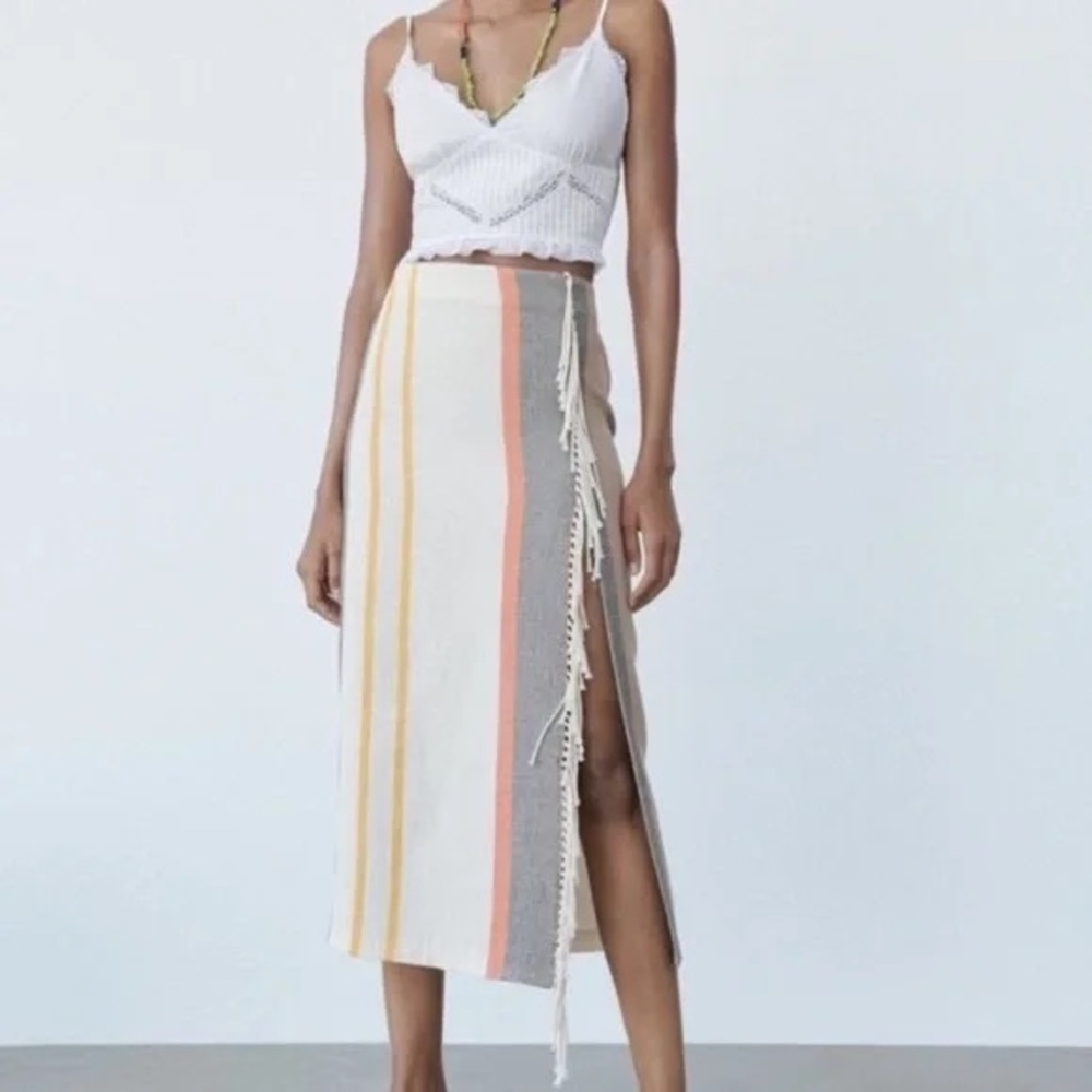 Zara Striped Maxi Skirt in Cream, Yellow, Pink, Gray